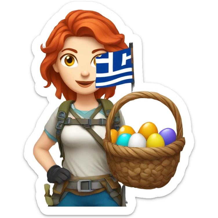 Greek Female winter mountaineer red hair white skin climbing with Greek Flag and Easter eggs basket sticker