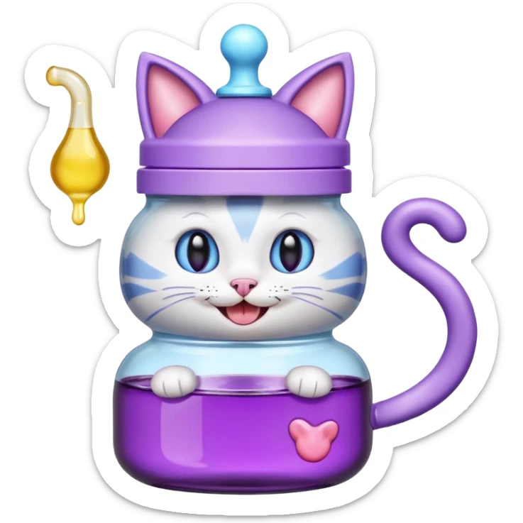 Smiling bottle of oil light purple top and light blue sticking tongue out and with cat ears sticker