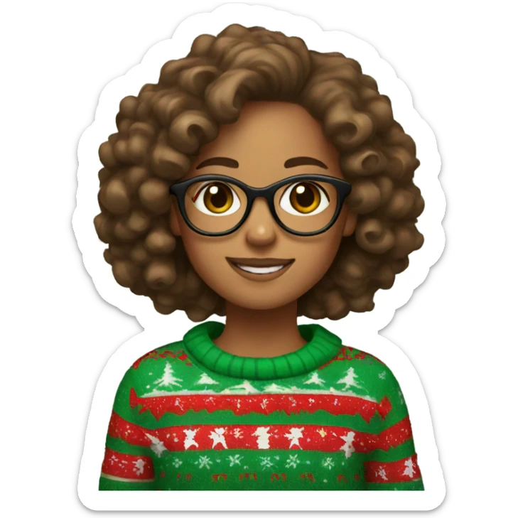 A girl with brown curly hair glasses and a christmas red and green sweater sticker