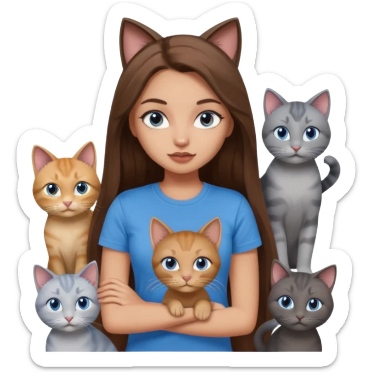 a pretty bratz dusky light skin girl with long brown hair, blue eyes with six cats nd wearing a grey tshirt sticker