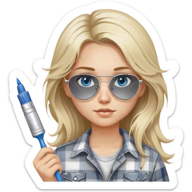 girl with long blond messy hair, white paint on her face wearing grey plaid shirt with blue eyes and aviator sunglasses wearing a ring on her silver necklace, holding a paint brush roller sticker