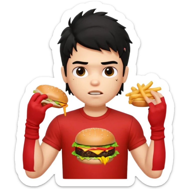 generate a pretty fair bratz boy with a messy mullet (black hair), wearing a red tshirt. eating a burger and fries, big biceps sticker