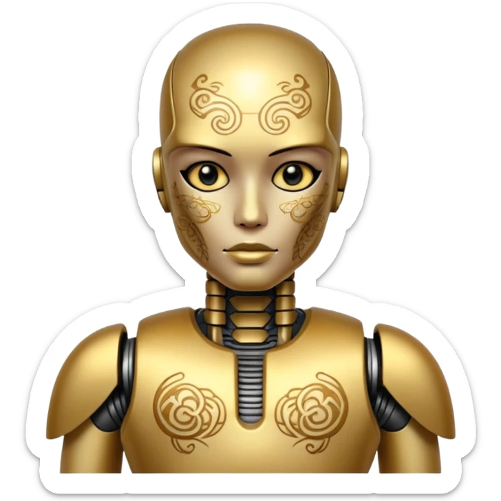 gold Tatooed robot, big many tatooes on chest, neck and face, white tatoo on face sticker