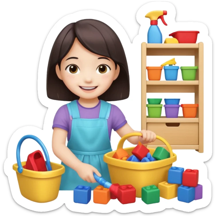 A cute 4-year-old Japanese girl with a big smile, proudly cleaning up her toys by herself in a bright playroom. She is putting colorful blocks and dolls back into baskets, looking happy and accomplished.  sticker