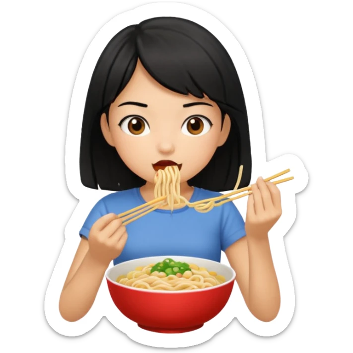 girl with black hair in short sleeves eating noodles sticker