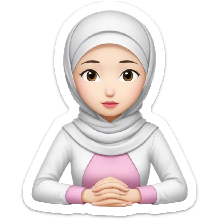 A white Asian woman, white hijab women are listening with her hands folded on the table. her lips is pink. her outfit & hijab color is white sticker