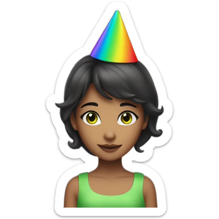 girl with dark hair and green eyes in rainbow party hat  sticker