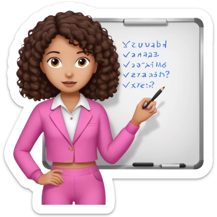 a girl with dark brown curly like hair wearing pink not hot pink 2 piece set teaching up on a board sticker