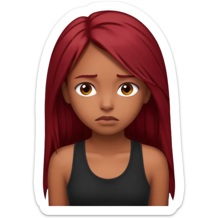 a brown girl with straight long dark red hair, black tank top, . Looking sad sticker