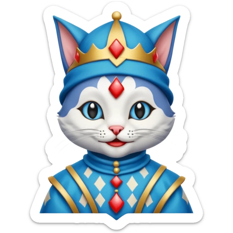 crazy colorful cute little cat jolly joker from poker, medieval, vintage, court jester, mac os icon, blue color, half body sticker