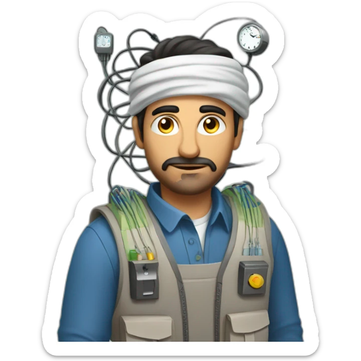 arab man in large bulky vest with many pockets and electrical wires and an analog clock sticker