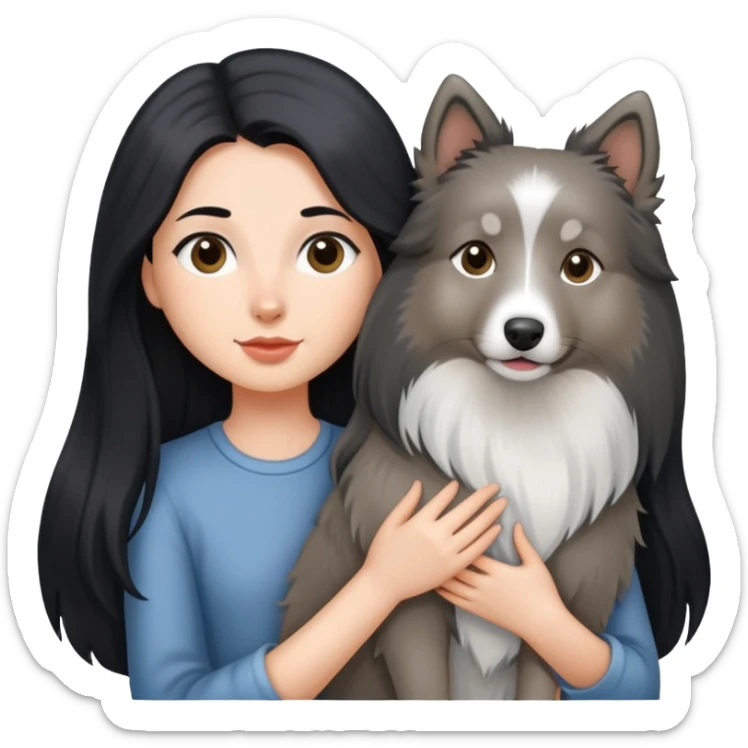 A girl with long black hair holding a gray Shetland Sheepdog sticker