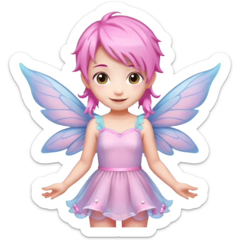 A tiny pastel fairy with pink hair with glowing wings and a sweet smile  sticker