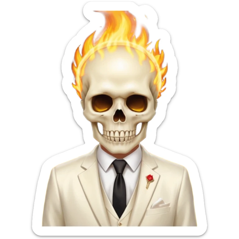 cinematic - aesthetic shiny glowing divine lighting - Megadeth icon - a politician in an ivory ethereal suit wears a white tie, has a skull instead of a head, and instead of glasses, burns in fire sticker