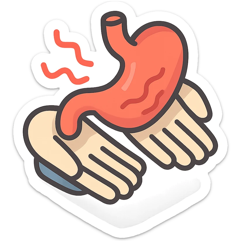 painful stomach, stomach and hands with waves of pain, 2d isometric style, shadows and highlights, no face or legs, transparent background sticker