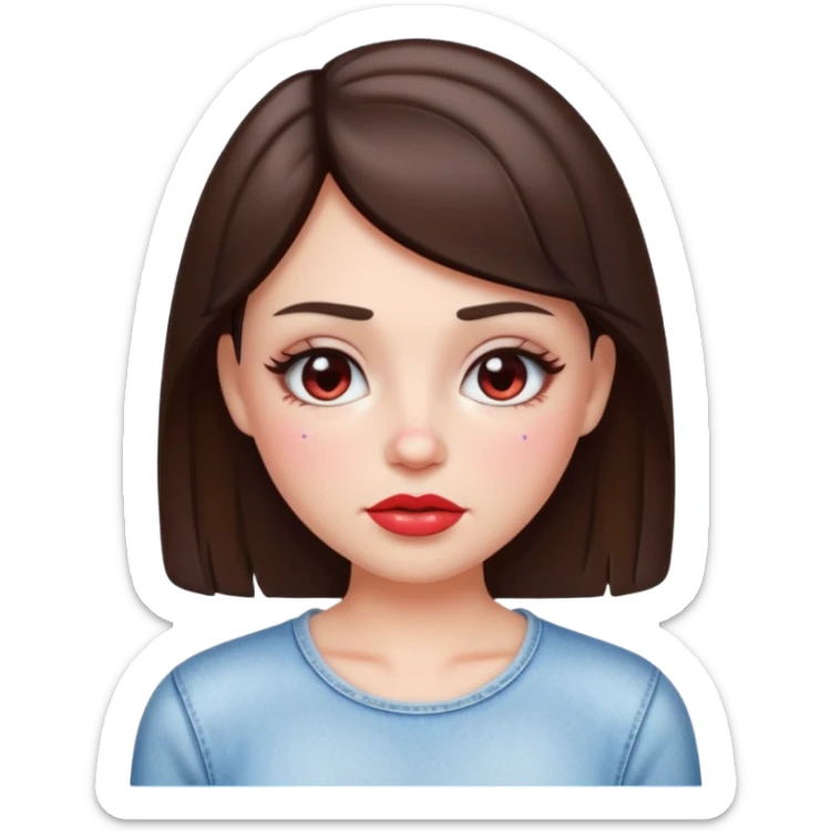 “Emoji brunette girl white top, dewy skin, heavy blush across cheeks and nose bridge, glossy cherry lips, soft eyeliner, teary sparkling eyes like hanni from new jeans sticker