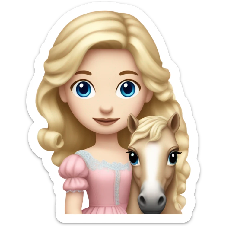 Blonde, pale skin, blue eyes girl wearing a pink dress cuddling her pony stuffed animal. She is from the Victorian era sticker