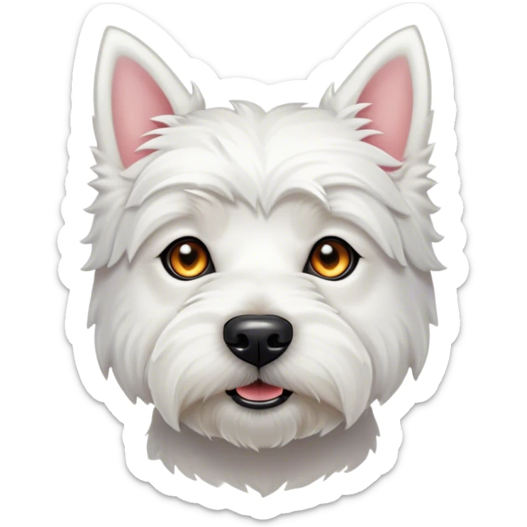 Cinematic Noble West Highland White Terrier Portrait Emoji, Poised and regal, with a compact, sturdy build and a pristine, well-groomed pure white coat, deep-set soulful dark eyes, Simplified yet sharp and sophisticated features, highly detailed, glowing with a soft, dignified glow, high shine, intelligent and loyal, stylized with an air of confidence, focused and attentive, soft glowing outline, capturing the essence of a watchful and determined companion, so majestic it feels as though it could trot out of the screen with effortless authority! sticker