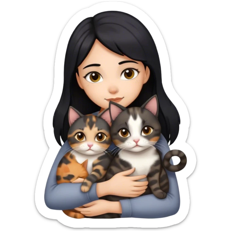 girl with black hair hugging three cats  (tortie cat, full gray cat, brown calico cat) sticker