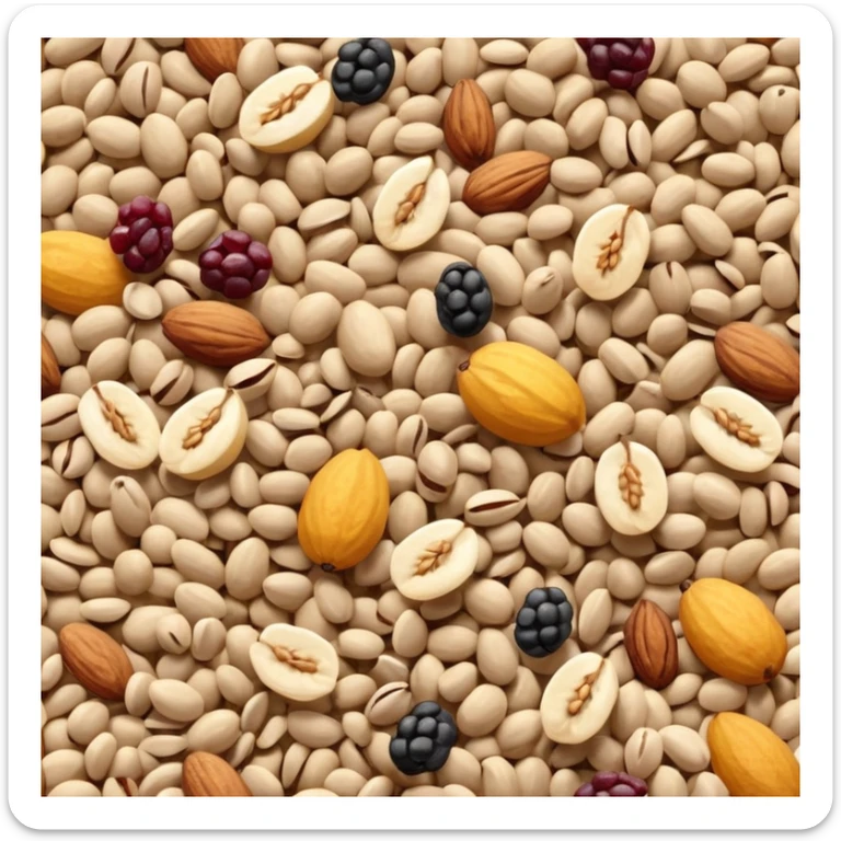 apple style emoji heap of muesli, mix of rolled oats, dried fruits, nuts, seeds, natural colors, tactile texture, 3D rendered clean minimal soft lighting, no anthropomorphic features, no milk, no yogurt, no spoon, transparent background, emoji scale sticker