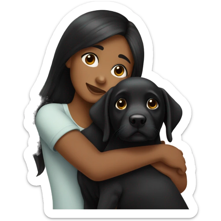 girl with very long black hair and dark skin hugging a black Labrador puppy sticker