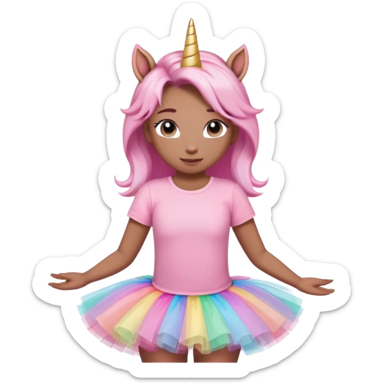 head and shoulders portrait of an anthropomorphised female unicorn in tutu and pink t-shirt, relaxed pose sticker