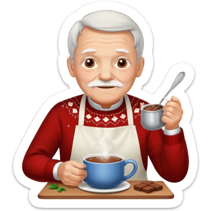 A gentle old man in a festive sweater and a white apron, stirring a pot of rich hot chocolate. sticker