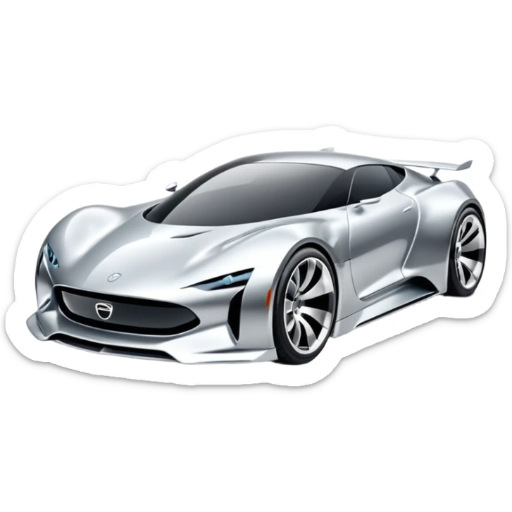 A low-profile futuristic car emoji made of polished silver chrome, wide body stance, smooth aerodynamic shape, glossy metallic surface, soft reflections, luxury swag aesthetic, minimal details, iOS emoji style, centered on clean white background, studio lighting sticker