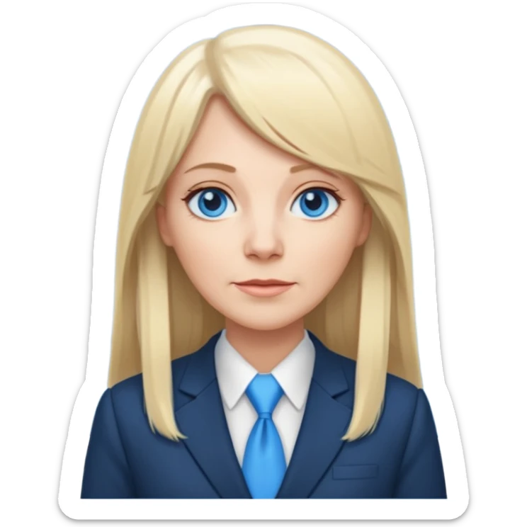 450 yr old white woman, pale skin, long straight blond hair parted in center, blue eyes, bangs, clothes for office sticker