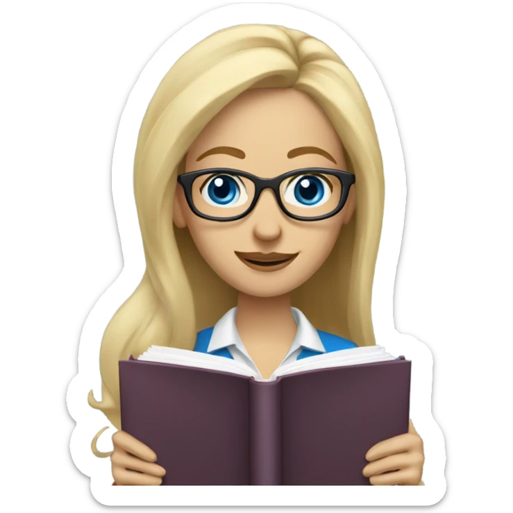 Woman teacher blonde long flowing hair glasses blue eyes with book sticker