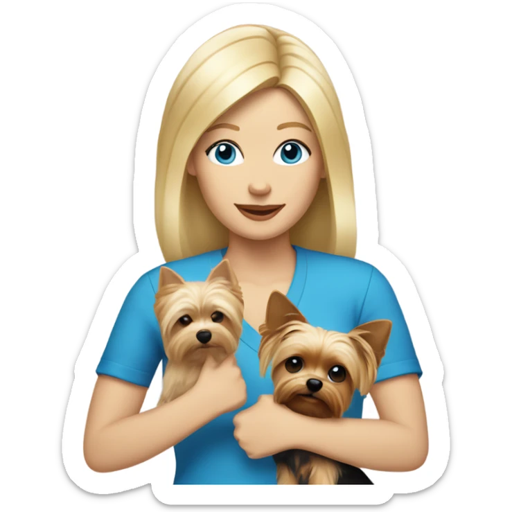 White woman with blonde hair and blue eyes holding yorkie dog with a peace sign  sticker