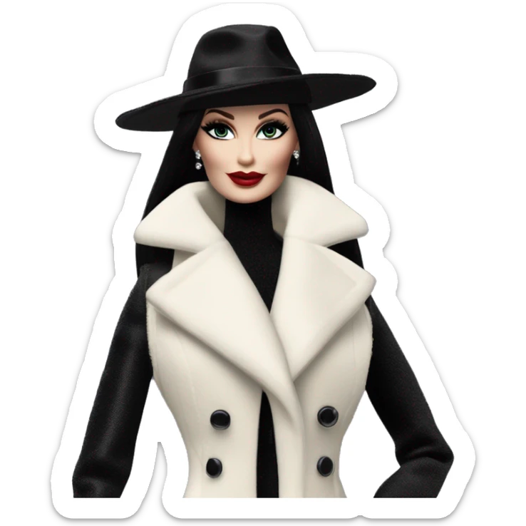 Fit Silkstone Dazzling Winter Barbie Morticia Addams .  Wearing coat gloves boots hat sticker