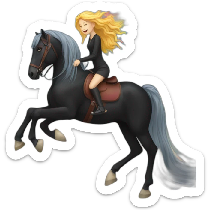 Woman with long long rainbow hair riding a black walking horse sticker