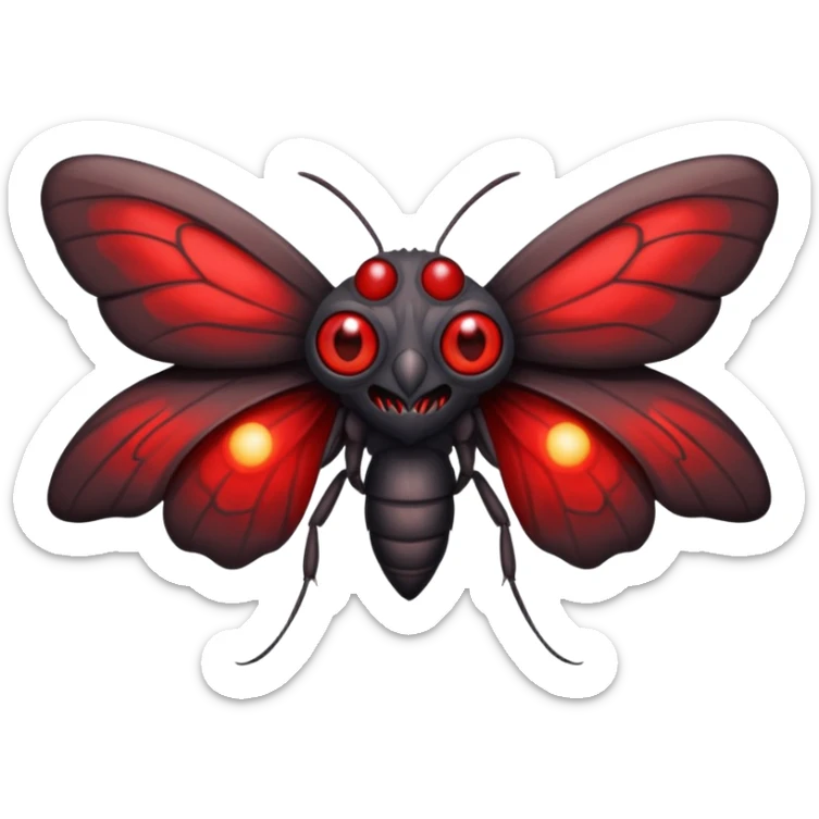 Create a scary emoji of the Mothman from point plesant west virginia with bright red eyes and as depicted in the legend. Make it less bird like and more Moth / Human hybrid sticker