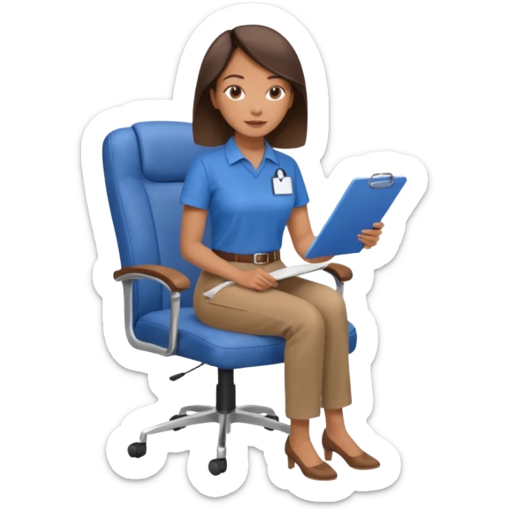 Generate an emoji of a female AI ethicist in blue shirt brown pant sitting in a chair and has a checklist stating AI ethics elements like stop bias, fairness score sticker
