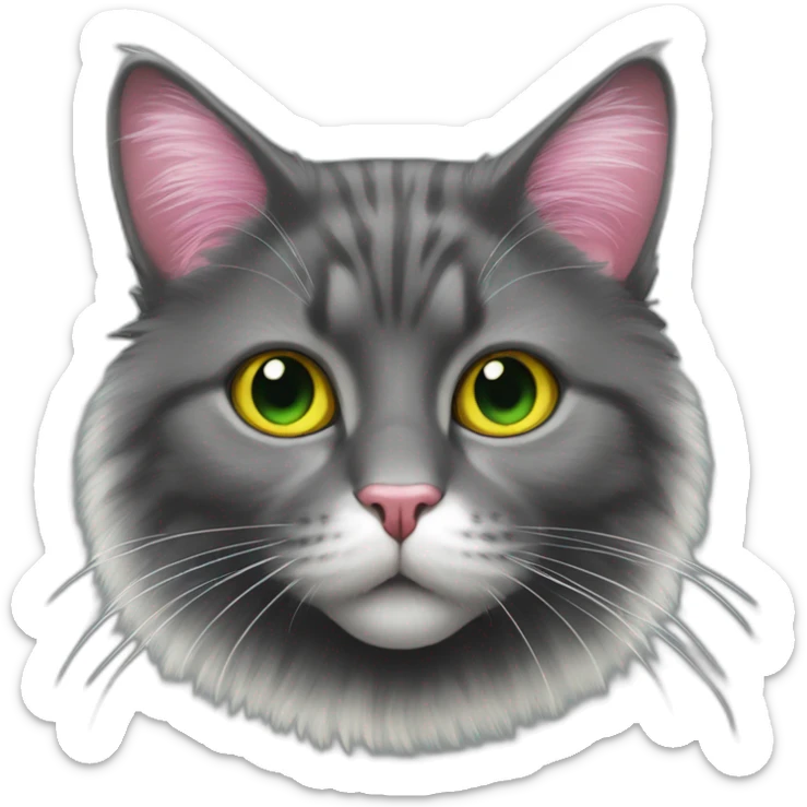 fluffy dark grey cat with pink nose, white round spots near the nose, yellow-green eyes and white long whiskers sticker