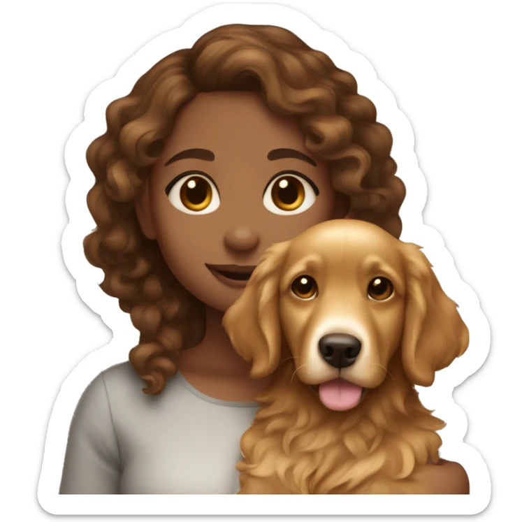 Light brown skinned girl with brown curly hair with a golden retriever puppy sticker