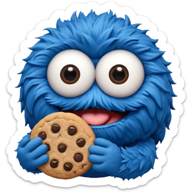 cookie monster, vibrant blue fur, big googly eyes, holding a cookie, playful expression, simple background sticker