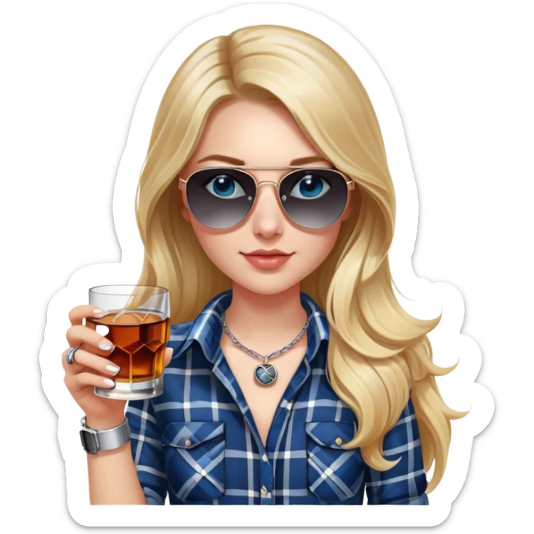 girl with long blond hair, wearing black and white plaid shirt, with blue eyes and aviator sunglasses, wearing a ring on her silver necklace around her neck, holding a glass of whiskey, wearing rose gold apple watch sticker