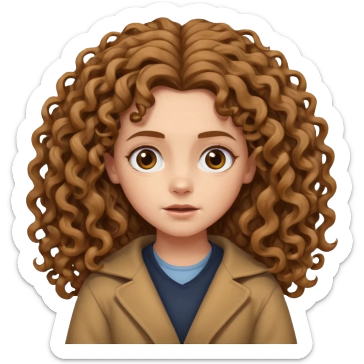 hermione shrugging, long light brown very curly voluminous hair, reaching below the shoulders, thick and full curls, messy natural texture, cartoon emoji style. sticker