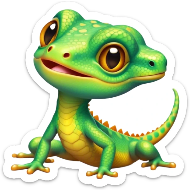 Cinematic Cute Gecko Portrait Emoji, Head tilted playfully and inquisitively, featuring a small, charming body with smooth, vividly patterned scales, bright, sparkling eyes and delicate, sticky toe pads, Simplified yet irresistibly adorable features, highly detailed, glowing with a warm, inviting glow, high shine, affectionate and lively, stylized with a touch of tropical whimsy, soft glowing outline, capturing the essence of a mischievous yet loving gecko that appears ready to dart out of the screen into your heart! sticker