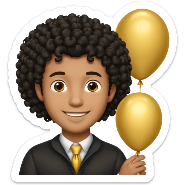 brown skin, black curly hair man hold gold balloon sticker