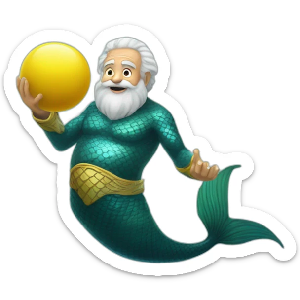 Underwater happy old and bold man mermaid swimming, snorkel equipement, holding a small yellow ball, winning enthousiasm with kungfu pose sticker