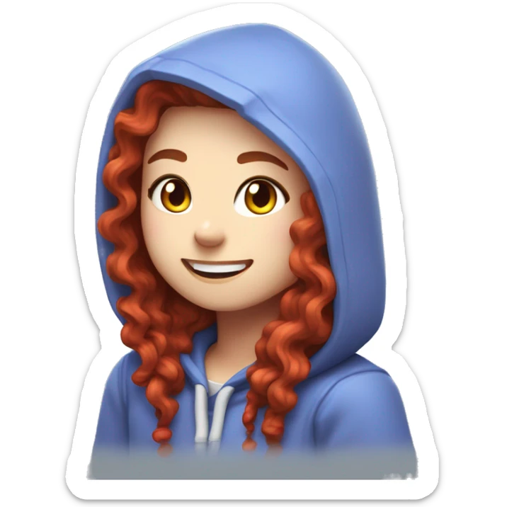 a white girl with long red curly hair, wearing periwinkle Minecraft hoodie playing a videogame smiling sticker