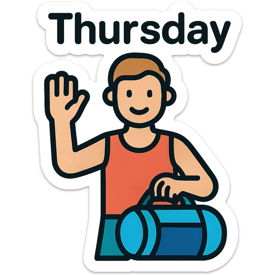 a sportsman holding his gymbag waving his hand goodbye. The word Thursday is above the sportsman sticker