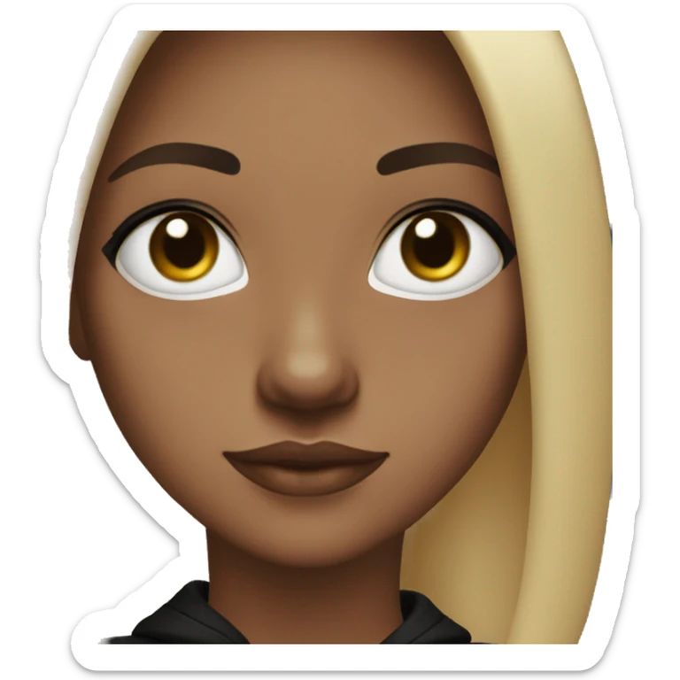 Girl middle length hush cut hair and wear black hoodie and and black eyes with eyeline sticker