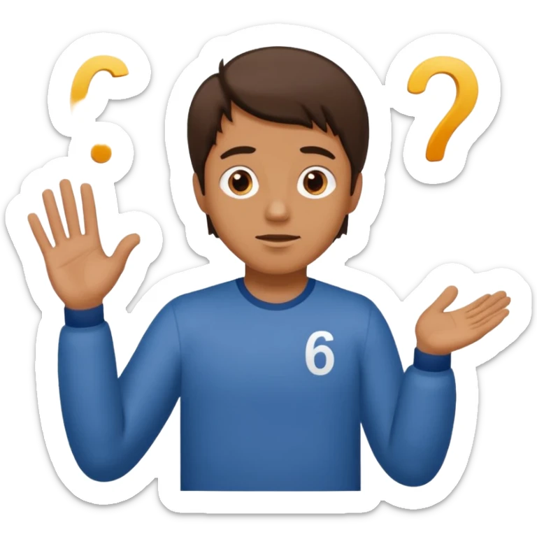 Man shrugging with the number 6 above his left hand and the number 7 above his right hand sticker