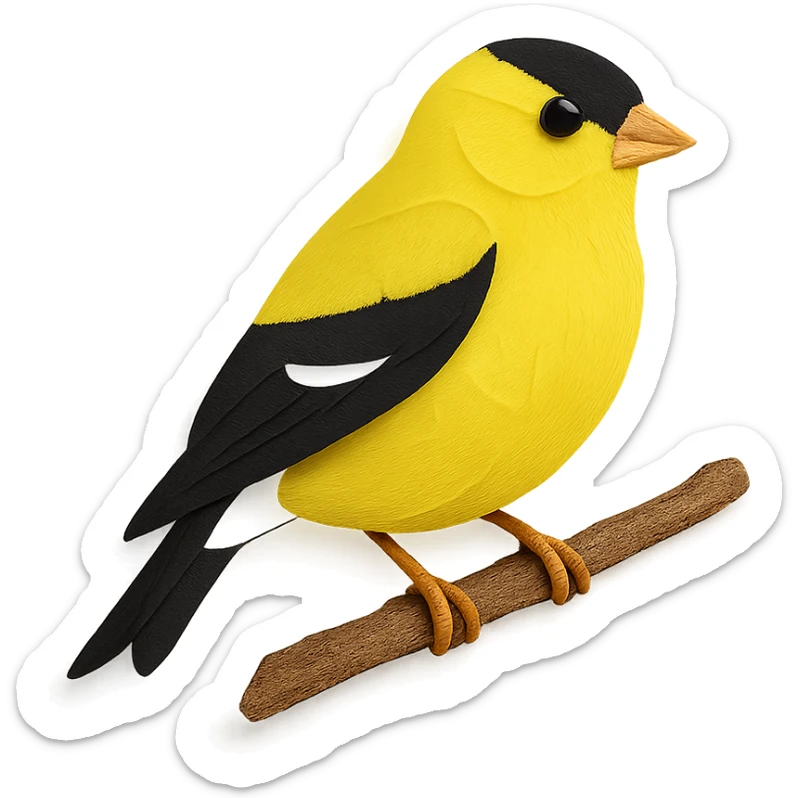 close-up of an American Goldfinch perched on a tree branch, fine paper edges, bright yellow feathers, black wings, soft white belly sticker