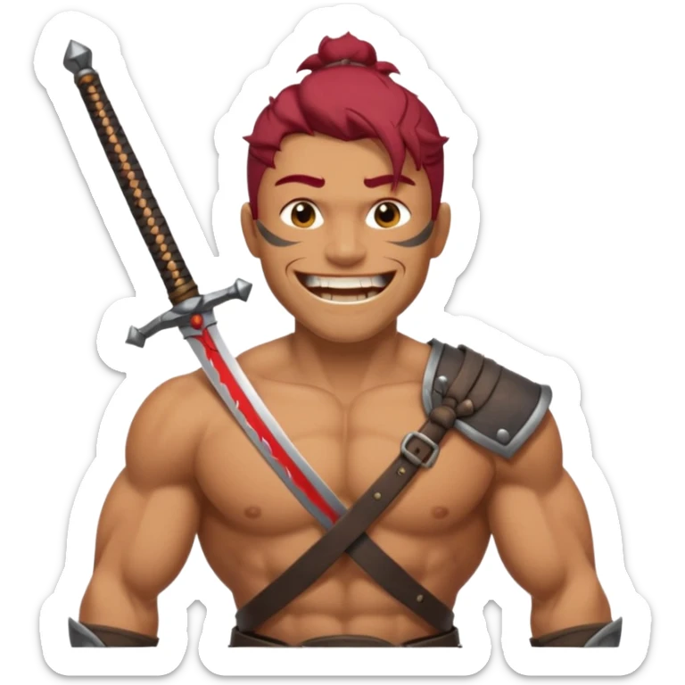 Haz que tenga una sonrisa epica una cicatriz en el ojo serrado y una espada entre los dientes y dos más a cada lado. sticker