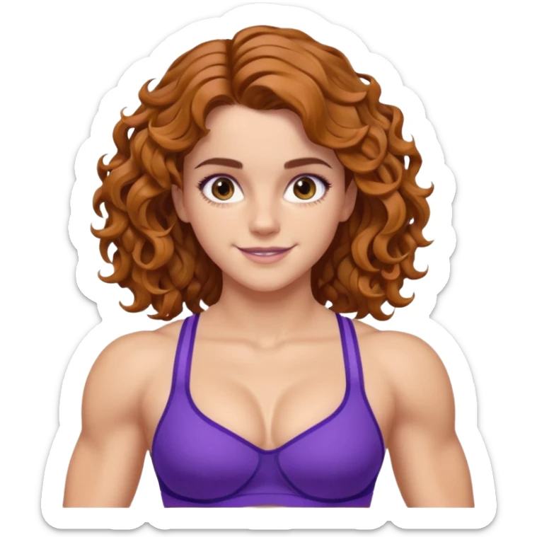 big biceps, muscled torso, very beautiful italian happy girl, looking like Emma Watson, with wavy curly bright hazelnut hair, dressed in violet bra sports outfit, very muscled sticker